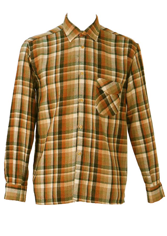 Flannel Shirt in Orange, Brown & Green Check - L/XL | Reign Vintage
