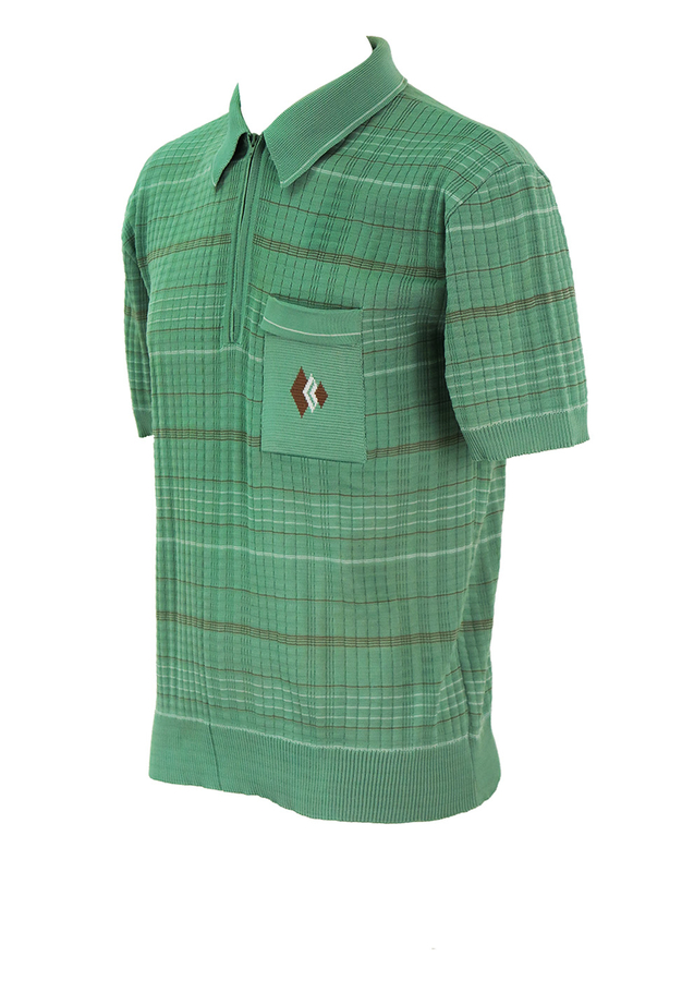 Vintage 60's Fern Green Zip Front Textured Polo Shirt with Fine Stripe ...