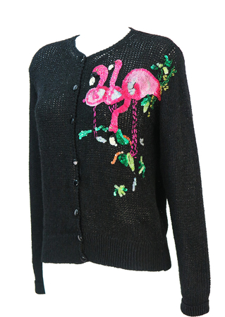 Black Loose Knit Cardigan with Intricate Sequin & Bead Pink Flamingo Pattern - M