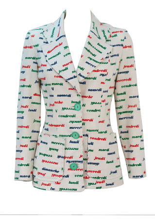 Vintage 70's White Fitted Blazer with Multicoloured French Days of the Week Wording - M