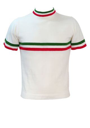 60's Style Short Sleeved Knit Top with Round Neck & Green & Red Stripe Detail - S/M