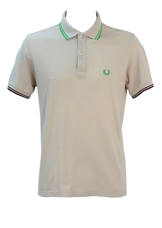 Fred Perry Special Edition Beige Polo Shirt with Green & Burgundy Stripes - L