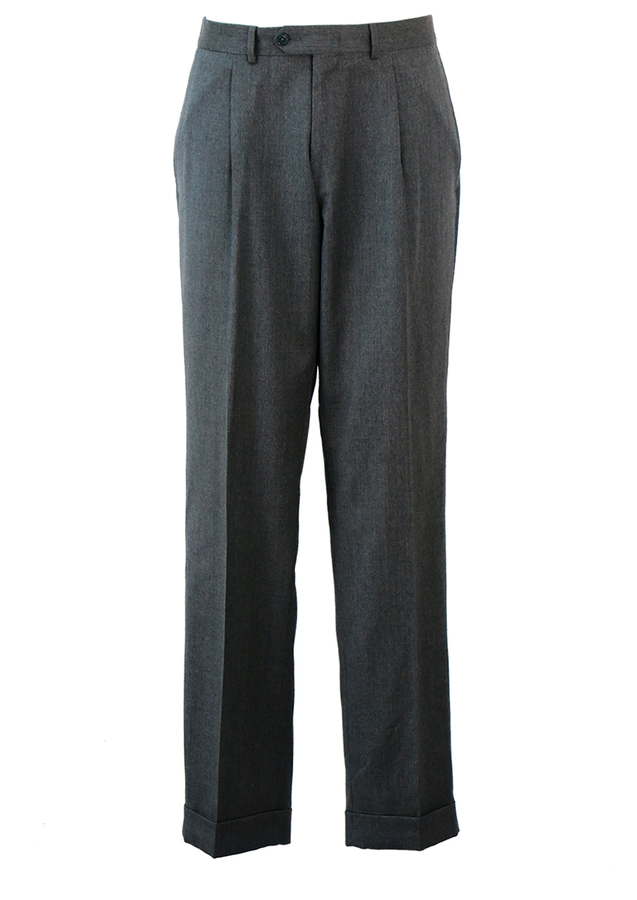 Mid Grey Pure New Wool Tailored Trousers with Turn Ups - 34 | Reign Vintage