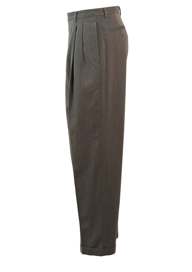 Brown & Cream Mottled Wool, Pleat Front Tailored Trousers with Turn Ups ...