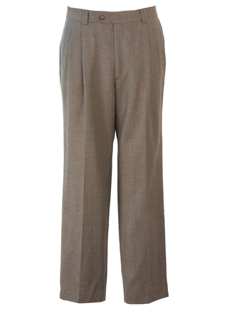 Light Brown & Grey Mottled Pure Wool Tailored Trousers with Pleat Front - 33"