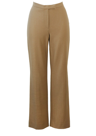 Les Copains Camel Coloured Wide Leg Tailored Trousers with Metallic Gold Pinstripe - S