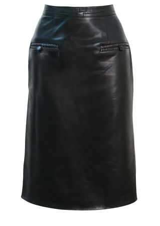 Black Leather Midi Pencil Skirt with Faux Snakeskin Pocket Trim - M