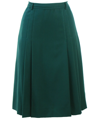 Vintage 70's Bottle Green Flared Midi Skirt with Side Pleat Detail - S/M