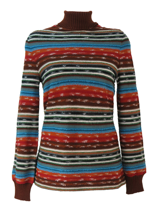 Vintage 70's Roll Neck Jumper with Striped Pattern in Brown, Red, Orange & Green - S/M