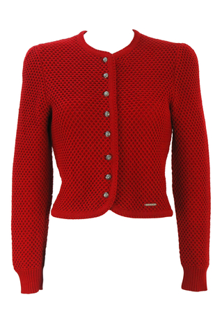 Geiger Tyrolean Red Textured Pure Wool Cardigan with Decorative Buttons - XS/S