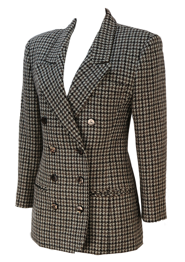 Cream & Brown Double Breasted Houndstooth Check Wool Jacket - S/M ...