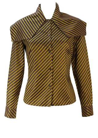 Romeo Gigli Brown & Gold Asymmetric Striped Blouse with Cape Collar - S/M