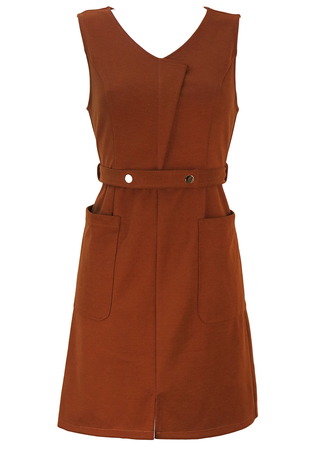 Vintage 60's Sleeveless Chestnut Brown Mini Shift Dress with Belt & Pockets - S/M