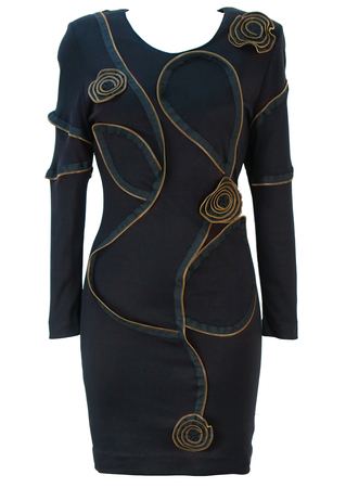 Luciano Pavarotti & Angela Gavioli Long Sleeved Black Bodycon Dress with Floral Zip Pattern - XS/S