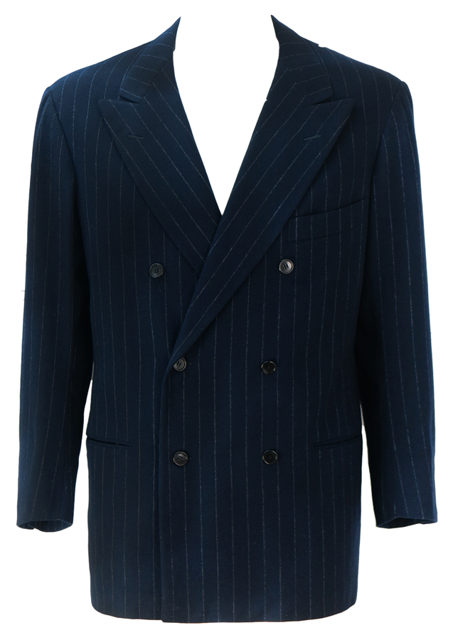 Navy Blue Chalk Stripe Double Breasted Tailored Jacket with Peak Lapel ...