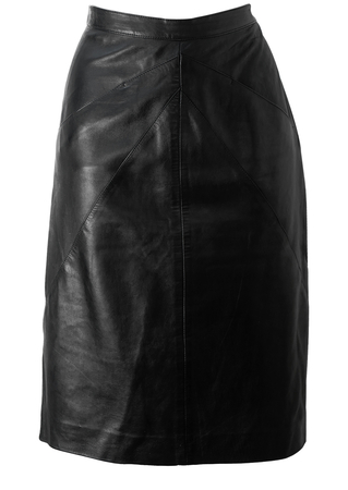 Black Leather Below the Knee, Midi Skirt with Front Hidden Seam Pockets - M