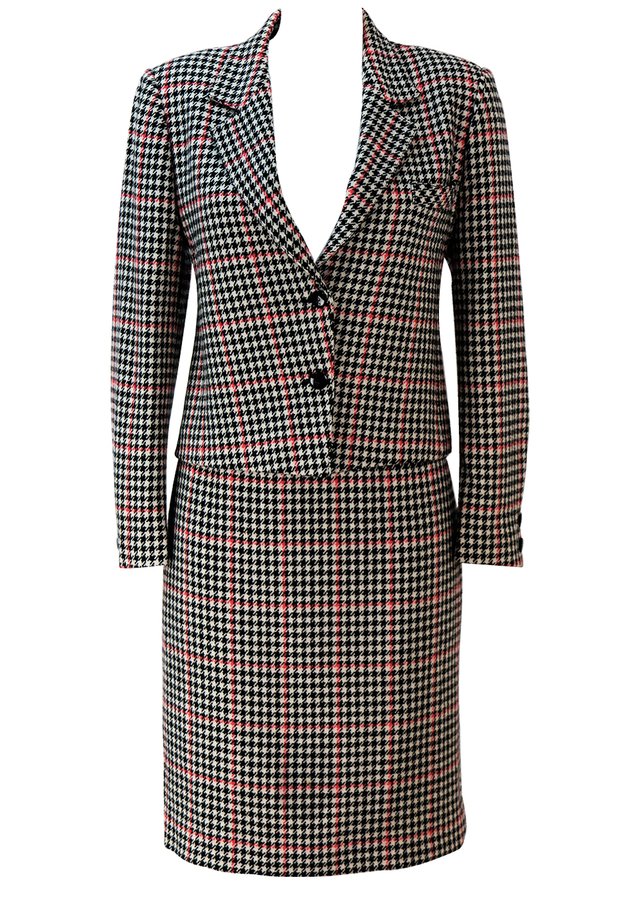 Black, White & Red Dogtooth Check Skirt & Jacket Two Piece Suit - S ...