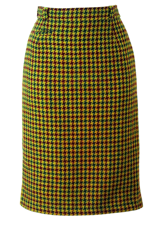 Mustard, Green & Burgundy Houndstooth Check Knee Length Pencil Skirt - XS/S