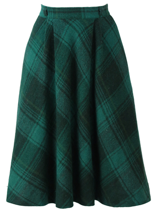 Green & Blue Tartan Check Flared Midi Length Skirt - XS/S