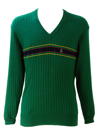 Valentino Sport Green Ribbed V Neck Jumper with Striped Detail - M/L