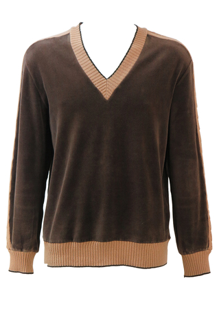 Brown Velour V-Neck Jumper with Camel Edging & Cable Knit Sleeve Detail - M/L