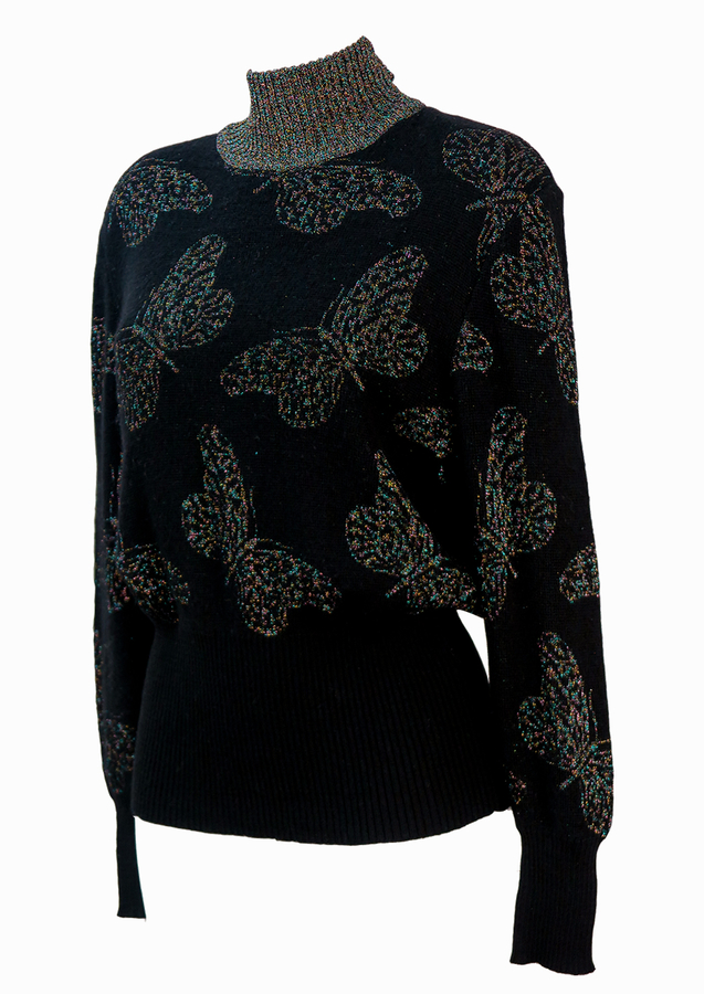 Black Jumper with Multicoloured Glitter High Neck & Glitter Butterfly