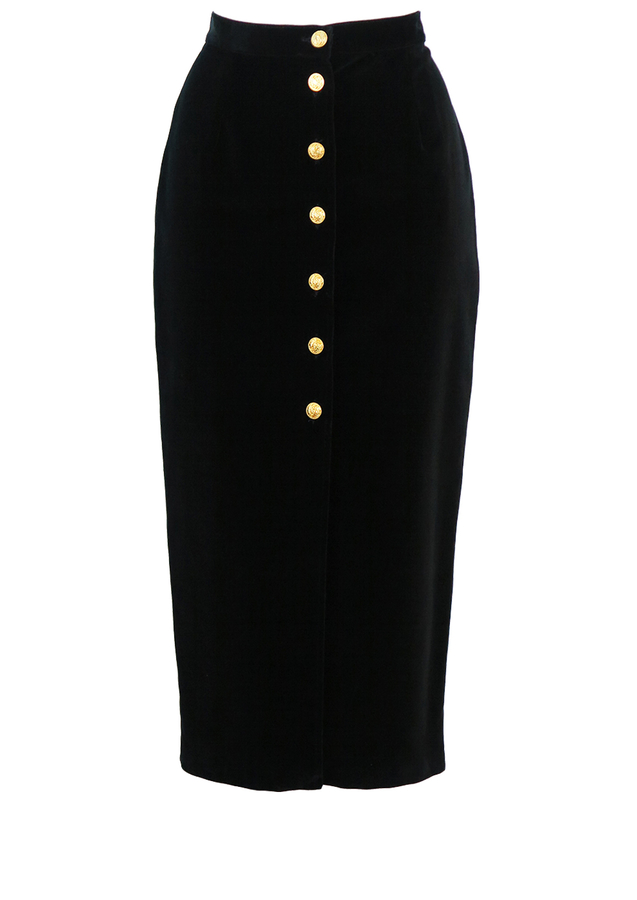 Black Velvet Midi Pencil Skirt with Decorative Gold Buttons - New - S ...