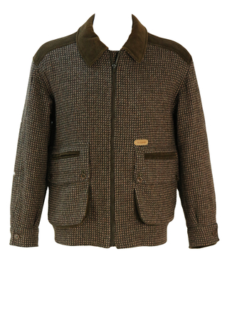 Green & Brown Tweed Bomber / Hunting Jacket with Khaki Cord & 3 Way Pocket Detail - L/XL