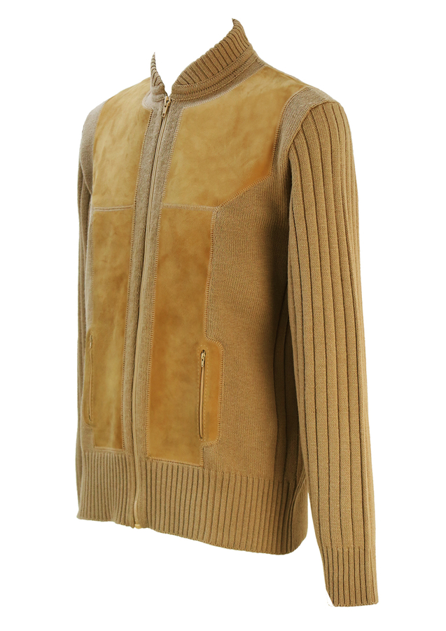 Pure Wool Camel Coloured Zip Front Cardigan with Suede Detail - L ...