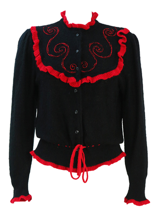 Black Drawstring Cardigan with Red Frill and Braiding Detail - M