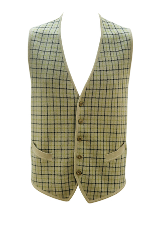 Beige Wool Waistcoat with Grey & Fern Green Check Pattern - L