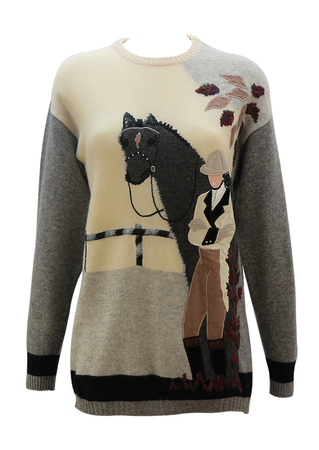 Cream and Grey Wool Jumper with Horse & Horse Rider Applique Image - M/L