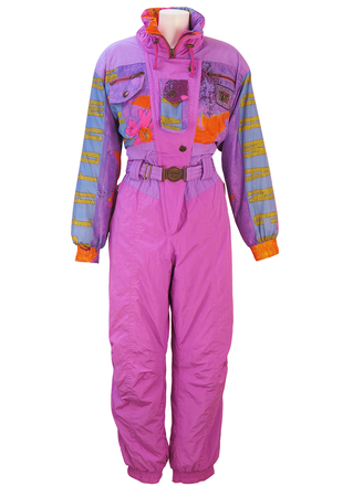 Lilac Ski Suit with Abstract Pink & Orange Floral Pattern and Feature Sleeves - M/L