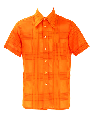 Vintage 70's Semi Sheer Orange Short Sleeved Shirt with Fine Black Grid Pattern - M