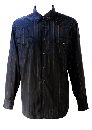 Black Western Shirt with Gold, Pink & Blue Metallic Thread Stripes - L/XL