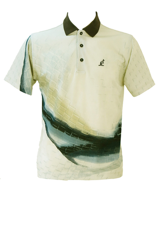 Australian Grey Polo Shirt with Abstract Blue, Teal & Taupe Pattern - M