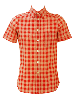 Vintage 70&rsquo;s Red Short Sleeved Shirt with White Check Pattern - S/M