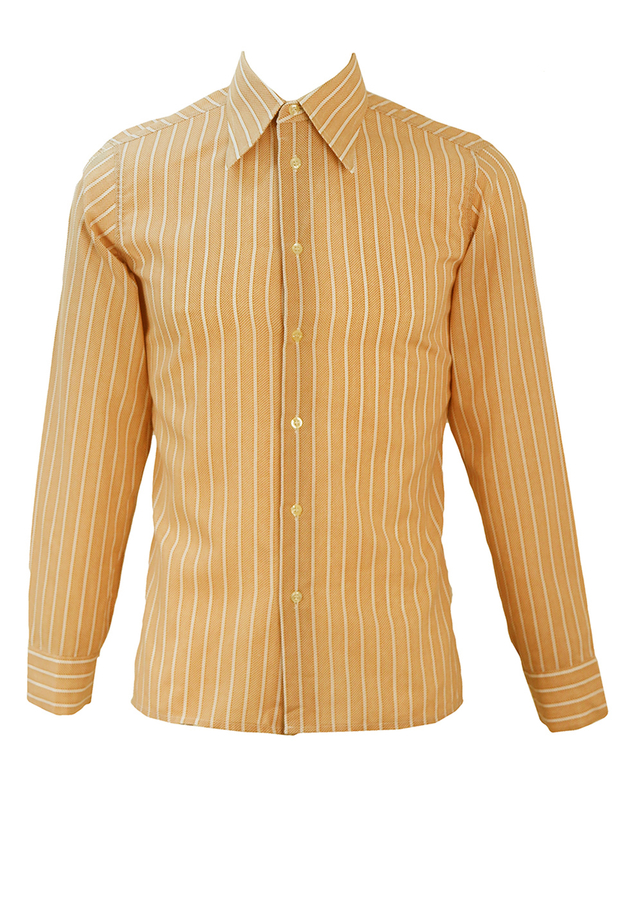 Vintage 70's Light Brown & White Striped Shirt with Mini Polka Dots - S ...