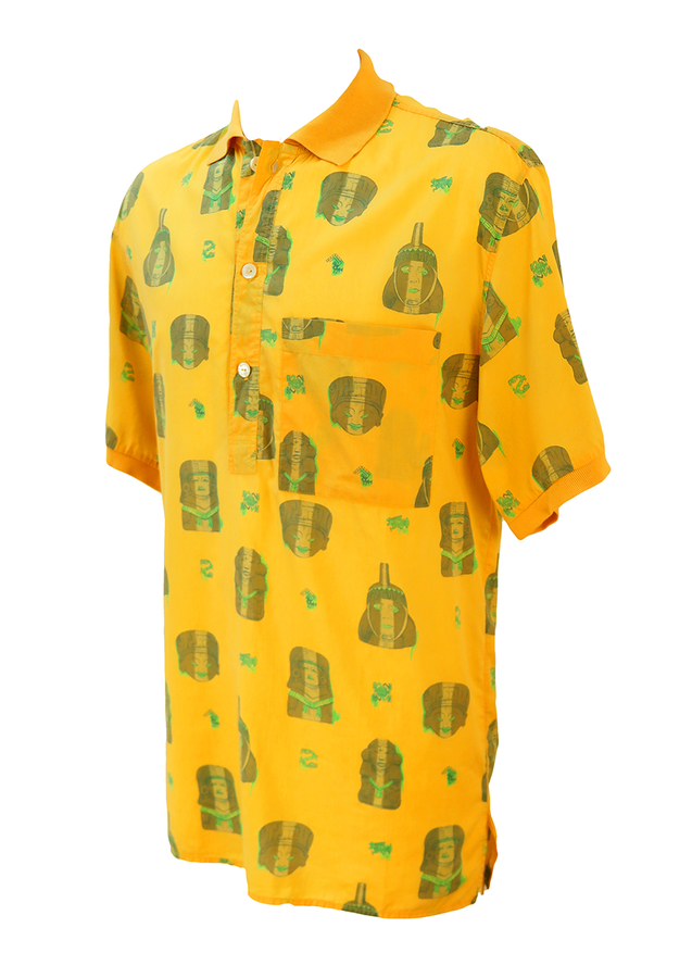 Yellow Short Sleeved Shirt with Brown & Green Tribal Heads Motif ...