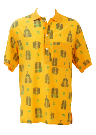 Yellow Short Sleeved Shirt with Brown & Green Tribal Heads Motif Pattern - L/XL
