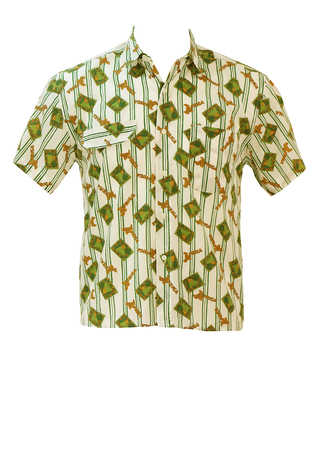 Short Sleeved Green & White Striped Shirt with African Safari Theme - S/M