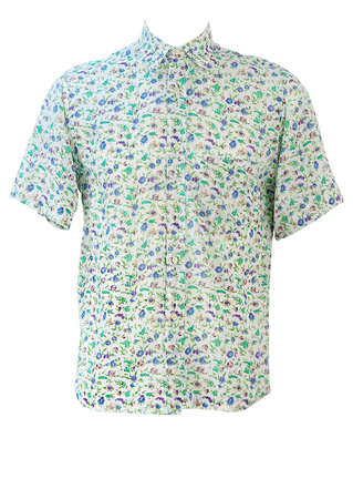 White Short Sleeved Shirt with Green, Lilac & Yellow Ditsy Floral Print - M
