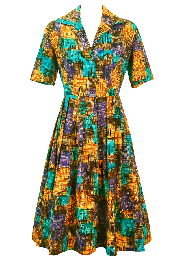 Vintage 50's Midi Day Dress with Crosshatch Patchwork Pattern in Purple ...