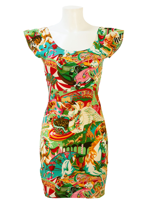 Kenzo Multicoloured Bodycon Mini Dress with 50's Style Funfair Themed Imagery - S/M