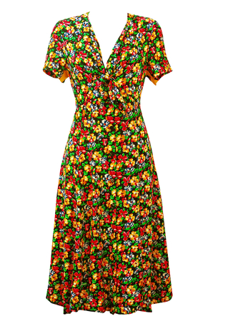 Colourful Short Sleeved Midi Dress with Red, Yellow & Blue Floral Pattern & Tie Front Detail - M
