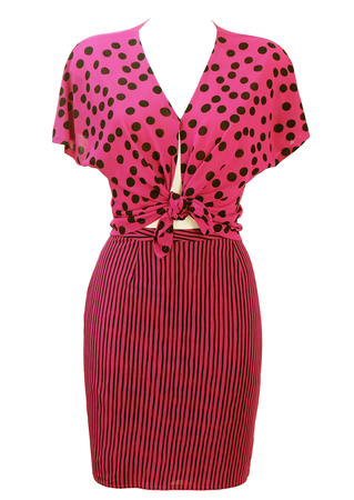 Fuchsia Pink & Black Polka Dot & Stripe Tie Front Mini Skirt & Top Two Piece - XS/S