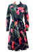 Vintage 70's Navy Blue Midi Dress with Bold Floral Pink & White Pattern - M