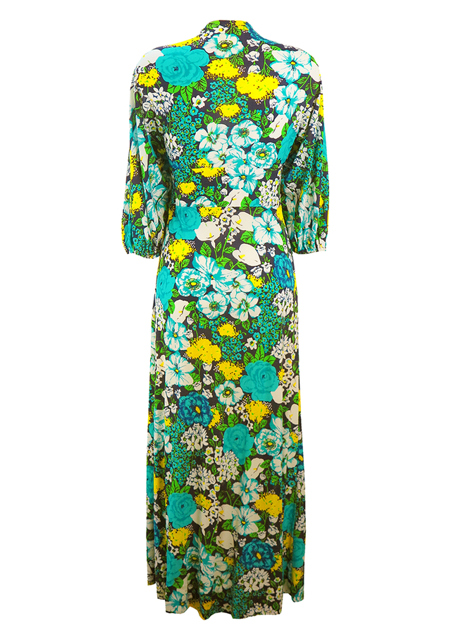 Vintage 70's Blue, Yellow, Green & White Floral Maxi Dress with 3/4 ...