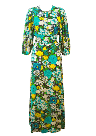 Vintage 70's Blue, Yellow, Green & White Floral Maxi Dress with 3/4 Length Gathered Sleeves - S
