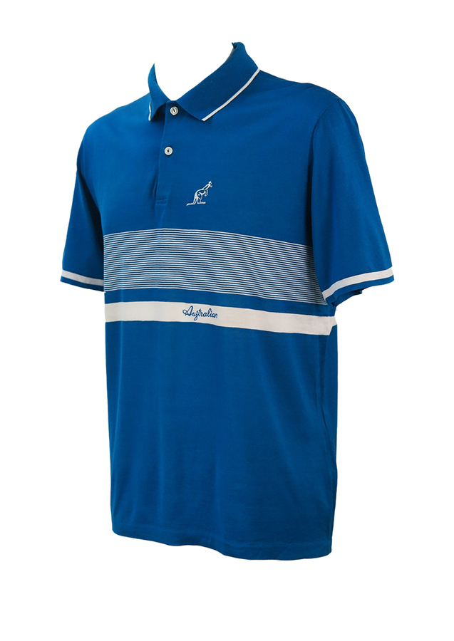 Teal Blue Australian Polo Shirt with White Striped Pattern M/L